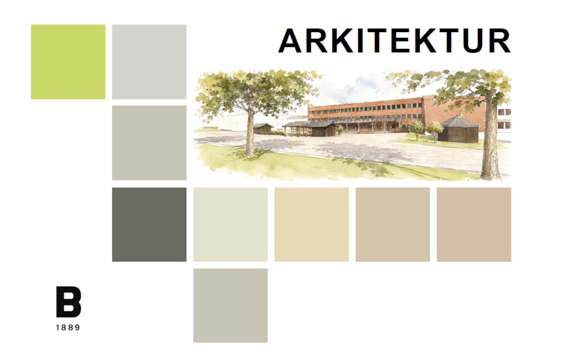 Illustrasjon av nye Gjerpen dagsenter og innvendig fargepalett.