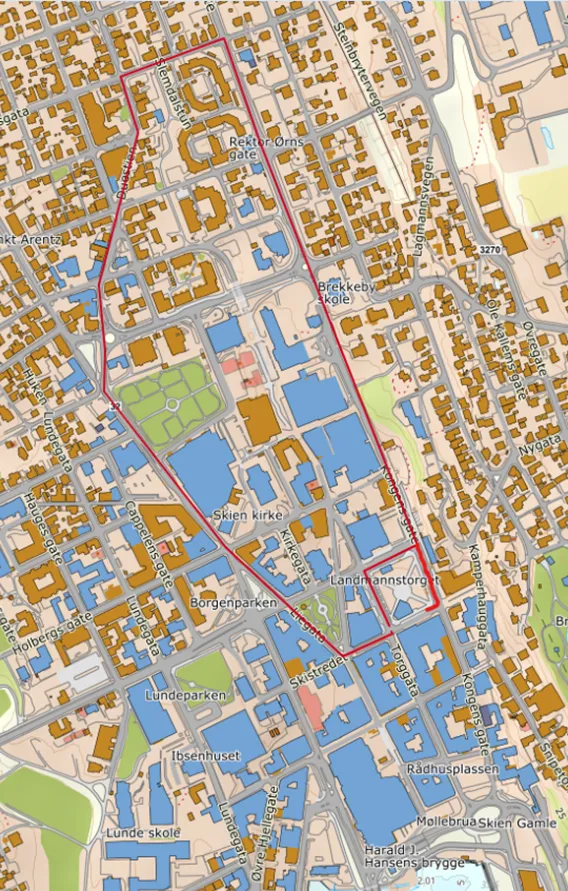 Kart over skoletogets rute på 17. mai