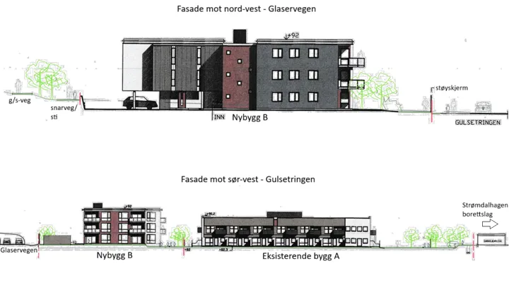 illustrasjon som viser fasaden på de to byggene som er planlagt på Strømdaljordet.