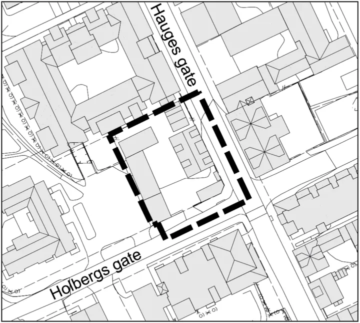 Kart som viser planområdet i Hauges gate 27