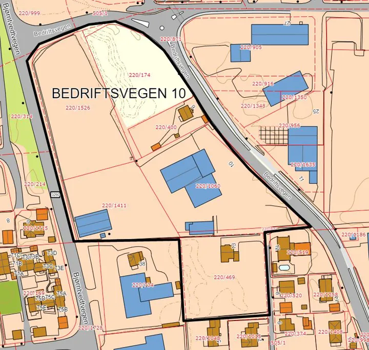 Kart som viser planområdet for Bedriftsvegen 10
