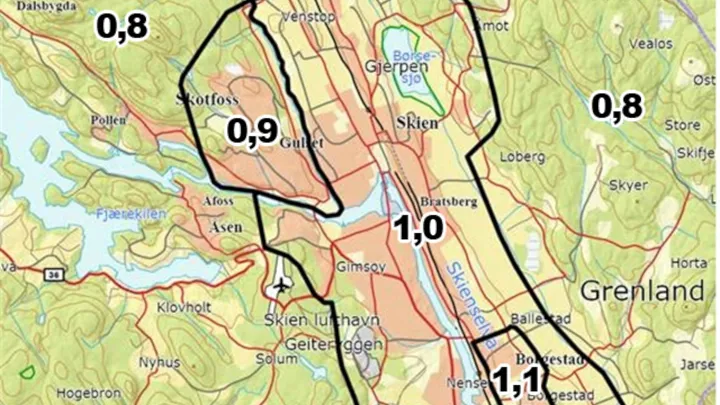 Kart som viser sonefaktorer i Skien