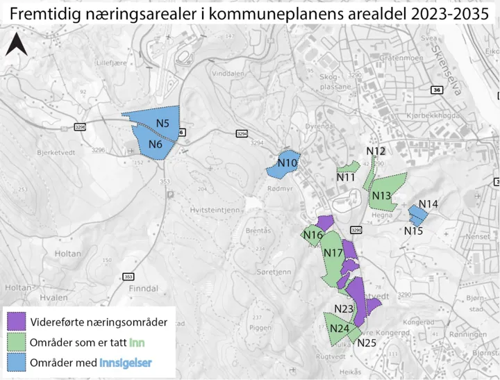 Kart over fremtidige næringsarealer for små og mellomstore bedrifter i kommuneplanens arealdel 2023-2035