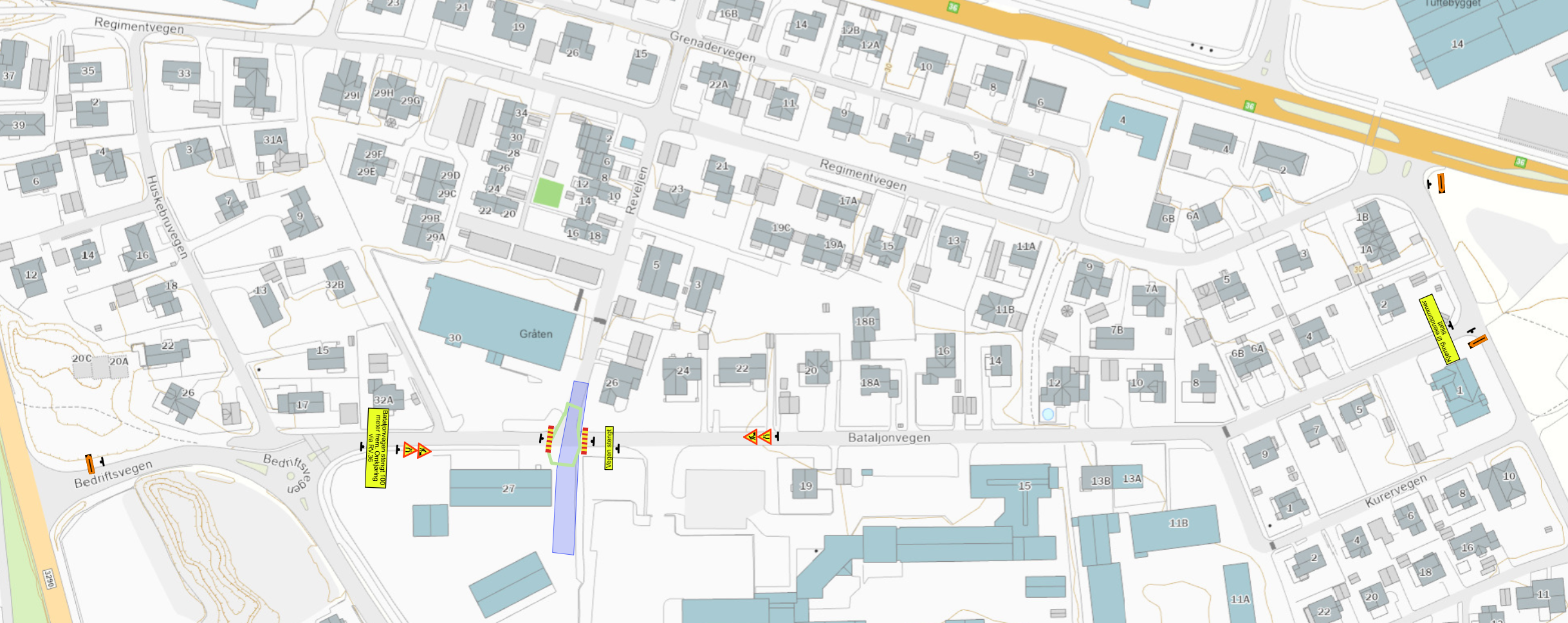 Kart som viser området det arbeides i og alternative ruter når Bataljonvegen blir stengt.