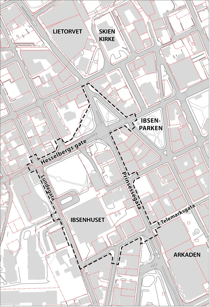 Kart som viser plangrense for Ibsenbiblioteket