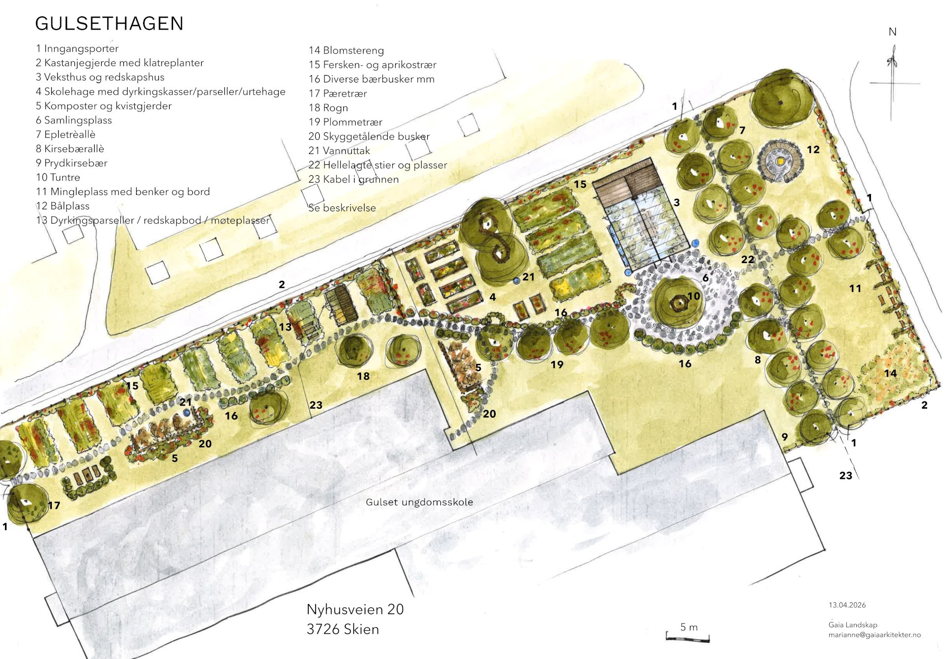 Illustrasjon av Gulsethagen som viser hva hagen skal inneholde og plasseringen av dette. 