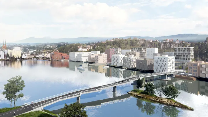 Illustrasjon som viser hvordan gang- og sykkelbrua fra Klosterøya til Jernbanebrygga kan bli.