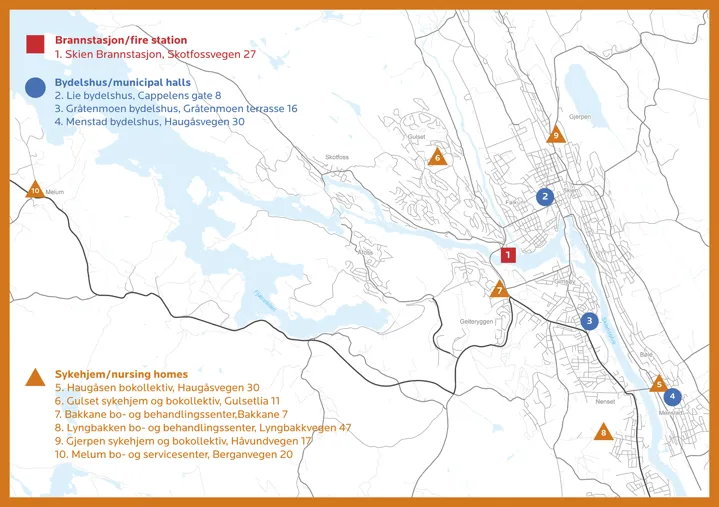 Kartet viser hvor du finner brannstasjon, bydelshus og sykehjem i Skien.
