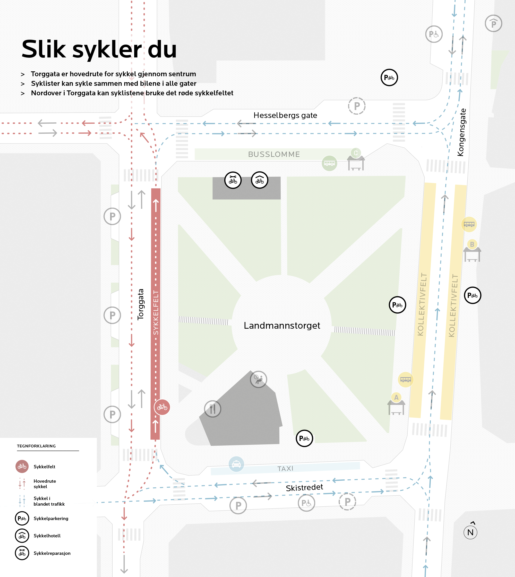 Kart som viser hvordan du sykler ved Landmannstorget