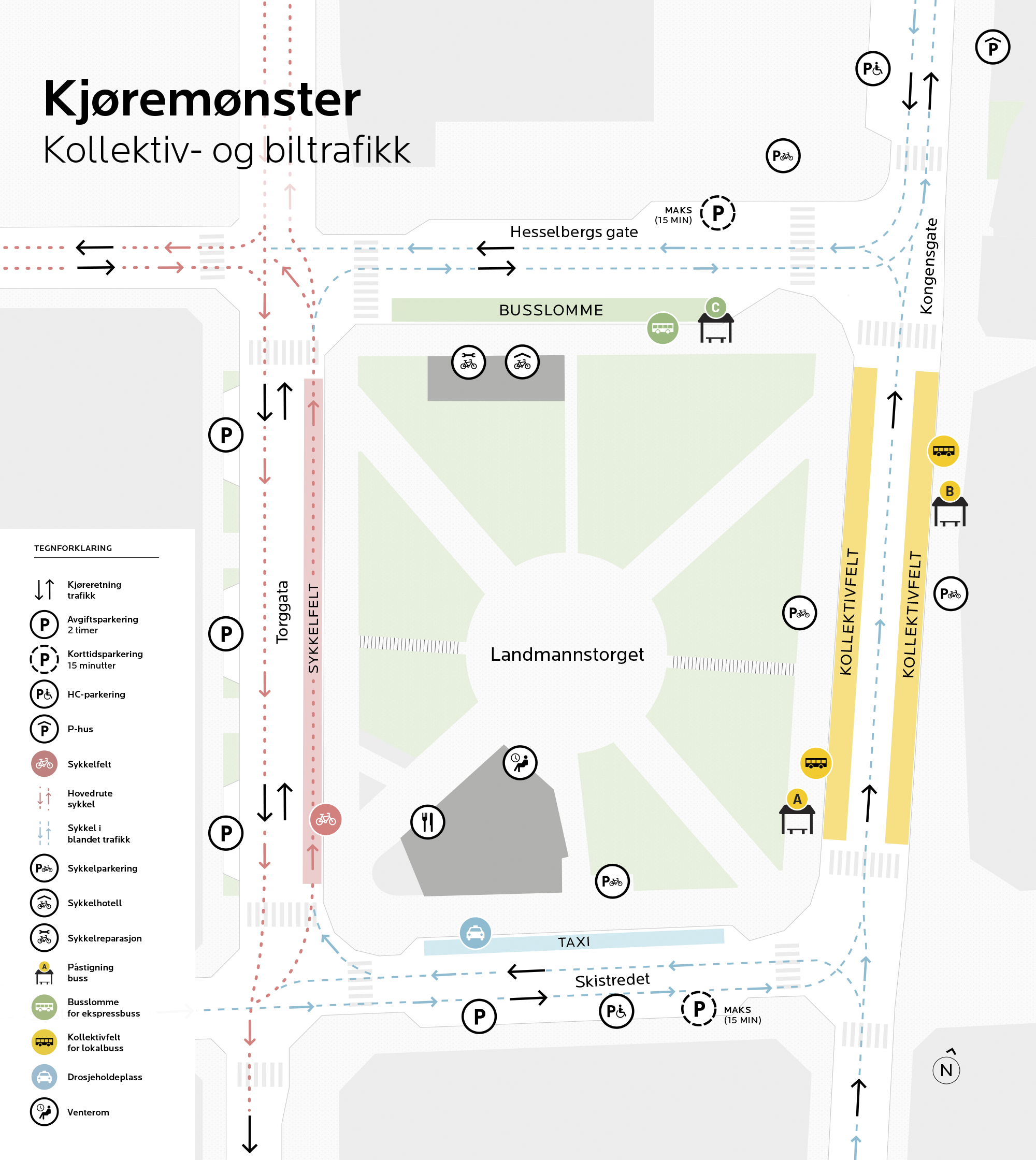 Kart som viser kjøremønsteret for kollektiv og biltrafikk på Landmannstorget