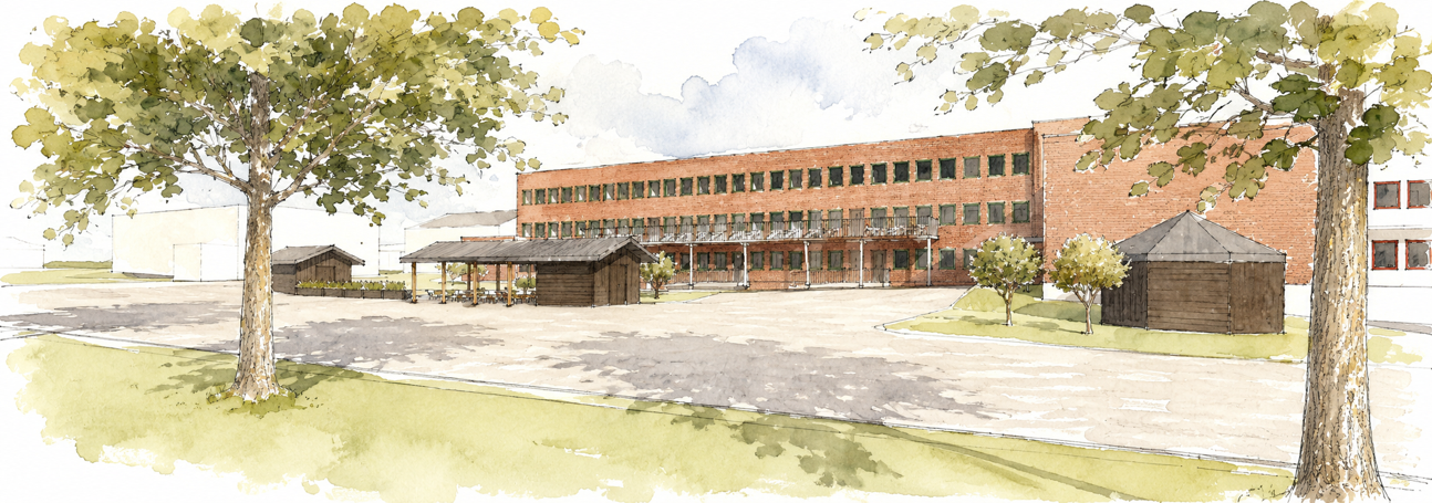 Illustrasjon av bygget og uteområder