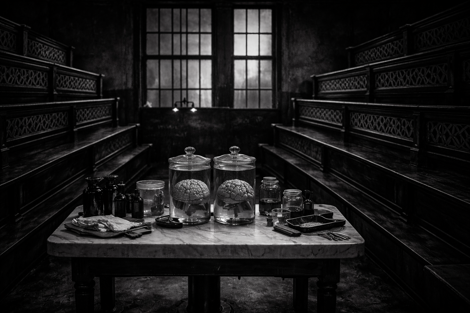 Bord med en rekke gjenstander i glass