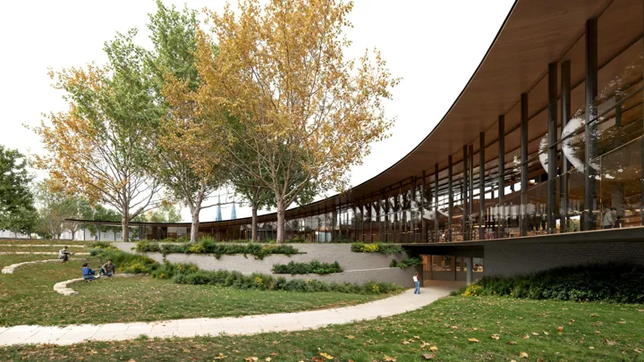 Illustrasjon av Ibsenbiblioteket hvor man ser deler av parken foran glassfasaden.