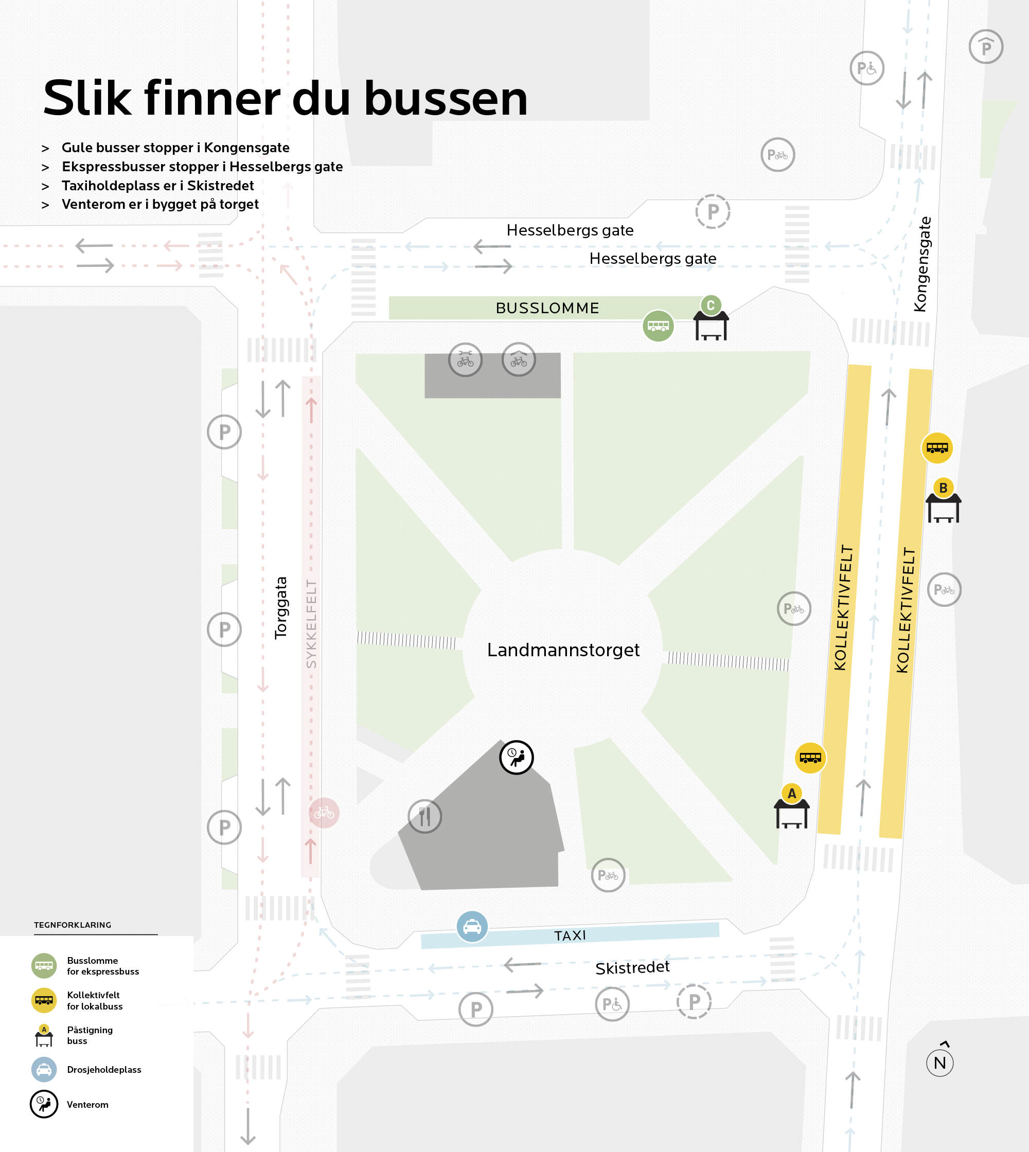 Kart som viser hvordan du finner bussen på Landmannstorget.