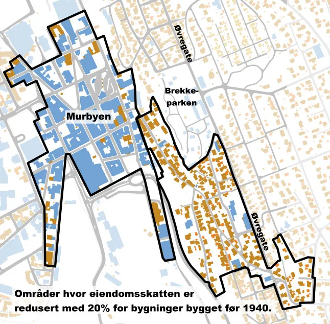 Kart som viser områder hvor eiendomsskatten er redusert med 20 prosent for bygninger bygget før 1940.