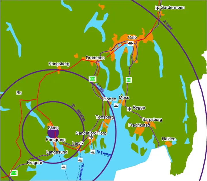 kart som viser avstand fra Skien til flyplasser og Oslo.