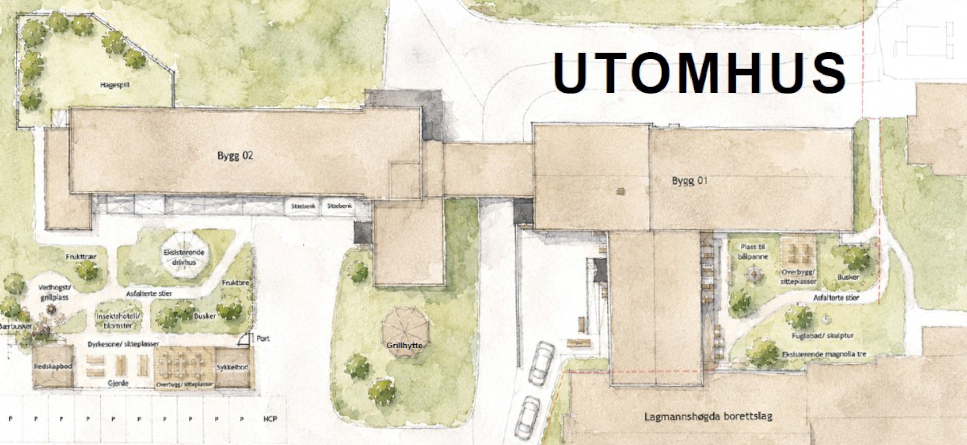 Illustrasjon av uteområdet ved nye Gjerpen dagsenter